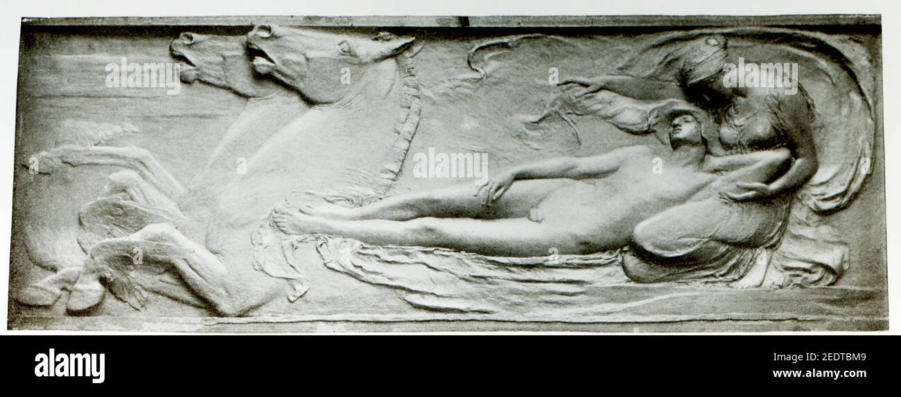 This clay relief by Harry Bates shows Endymion conveyed in sleep to Mount Latmos. Endymion was a handsome shepherd-prince loved by the moon-goddess Selene. When Zeus offered him his choice of destinies, Endymion chose immortality and youth in eternal slumber. He was laid out in a cave on Mount Latmos in Karia (Caria) where his lunar lover would visit him each night. Harry Bates  (1850 –1899) was a British sculptor. He was elected to the Royal Academy in 1892 as A.R.A. and was an active, if intermittent, member of the Art Workers Guild. He was a central figure in the British movement known as N Stock Photo