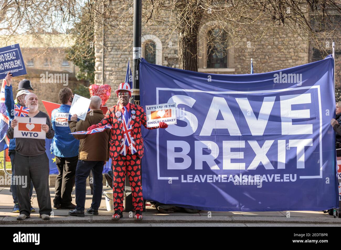 Pro Brexit campaign protesters, including activist Joseph Afrane (m) at a 'Save Brexit' Leave Means Leave rally in Westminster, London Stock Photo