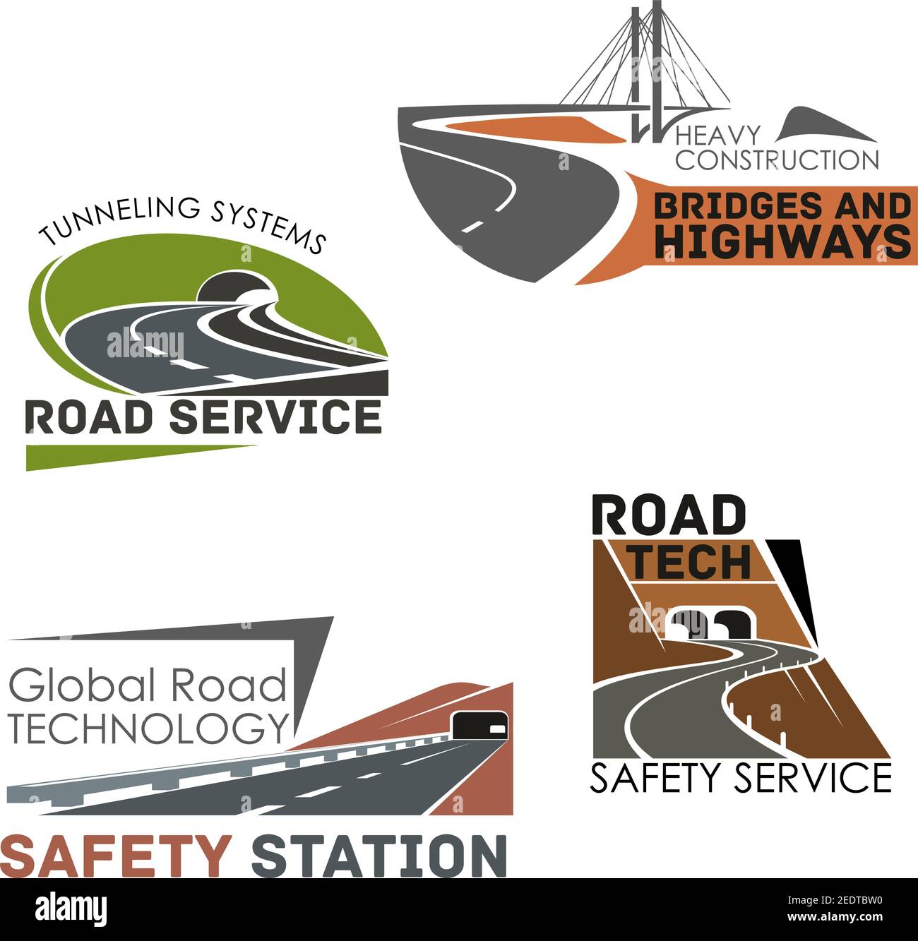 Highways and motorways vector icons of roads, tunnels and bridges building and construction or service company. Emblems set of expressway drives, tran Stock Vector