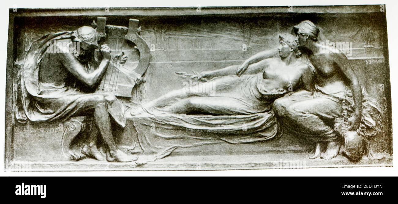 This illustration shows the clay relief by Harry Bates of Homer, with the caption: a blind man sweetest he sings. The famed Greek epic poet Homer is said to have flourished around 700 B.C. Credited to him are the Greek epics, The Iliad and The Odyssey. The Greeks often portrayed Homer as blind. Blindness was also symbolic of inner vision. Harry Bates  (1850 –1899) was a British sculptor. He was elected to the Royal Academy in 1892 as A.R.A. and was an active, if intermittent, member of the Art Workers Guild. He was a central figure in the British movement known as New Sculpture Stock Photo