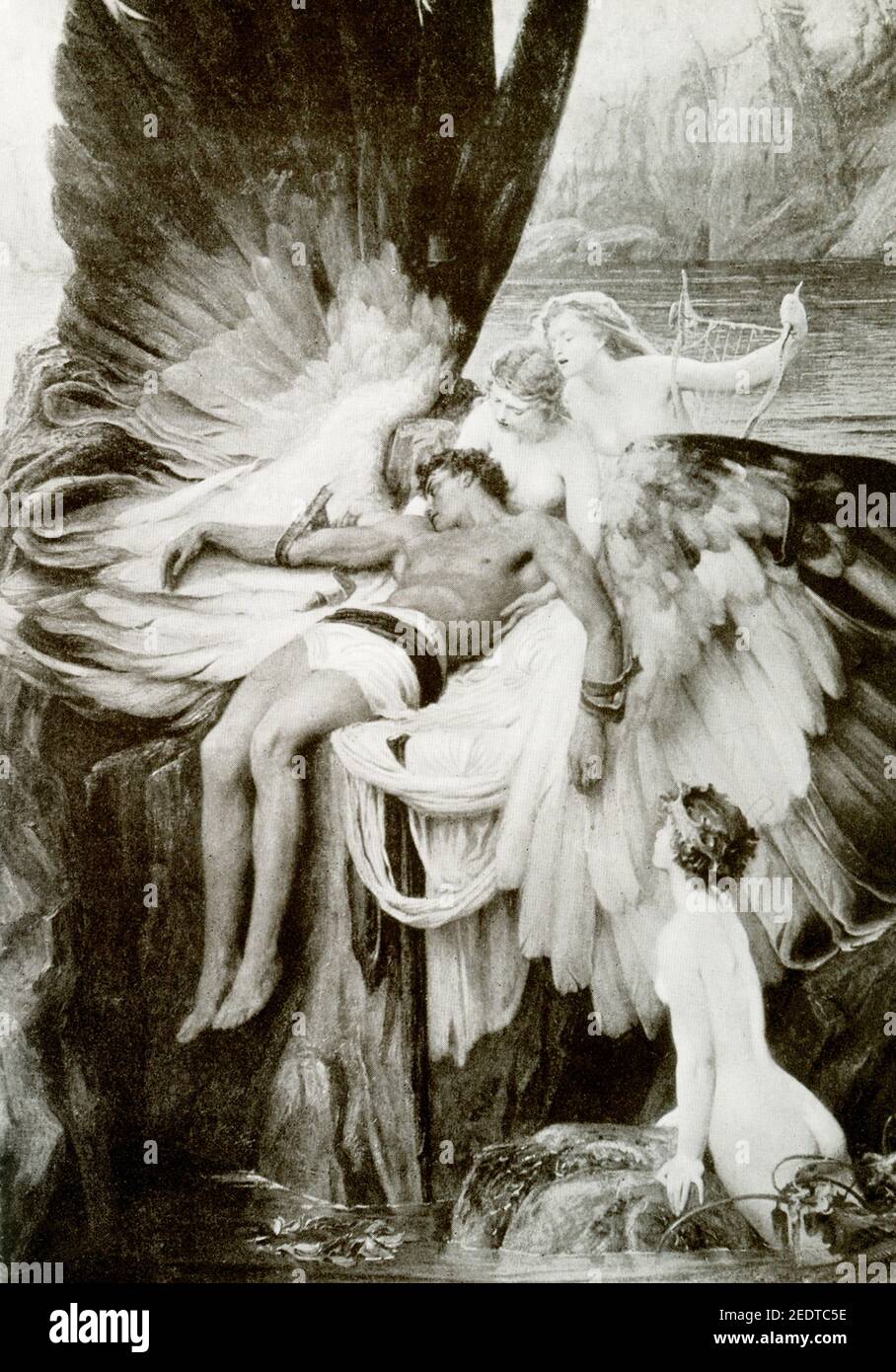 This painting, titled Lament for Icarus, was painted by Herbert J Draper in 1898. It shows the dead Icarus, surrounded by lamenting nymphs. The wings of Icarus are based on the bird-of-paradise pattern. In Greek mythology, Daedalus was the builder of the labyrinth at Knossos in Crete (designed to keep the Minotaur within). To escape his confinement on the island by the king, he designed wings of wax and feathers for himself and his son, Icarus (here). But, Icarus flew too close to the sun. The wax melted, and he fell into the sea (name after the Icarian sea). Daedalus made it to Sicily, where Stock Photo