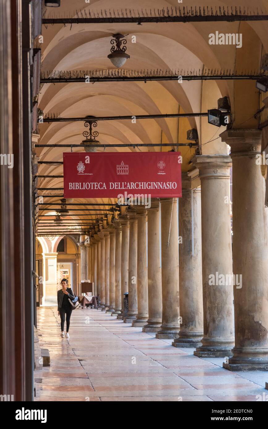 A sign for the biblioteca Dell'archiginnasio Bologna Italy in a portico Stock Photo