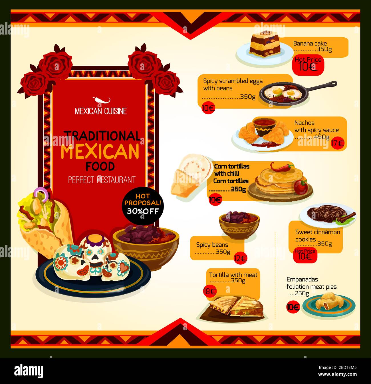 Mexican cuisine restaurant menu with traditional food for special offer