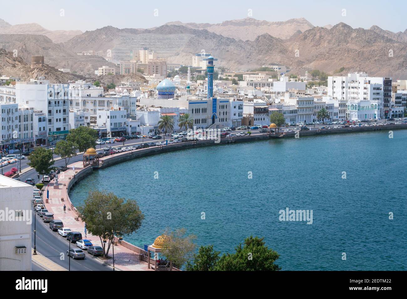 Bay of the old town of Muscat, Oman on a hot day. Blue mosque and