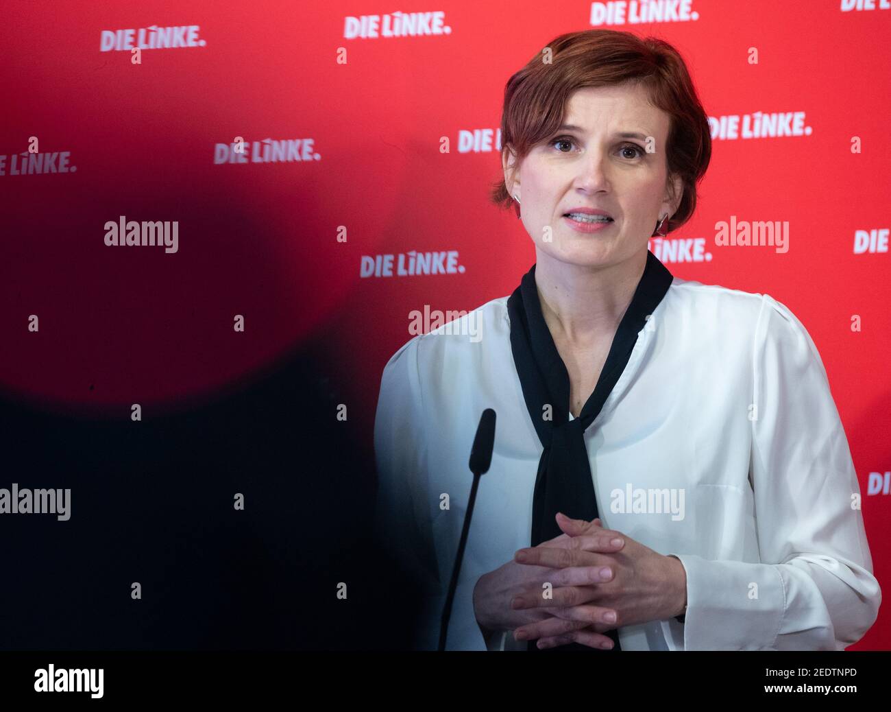 Berlin, Germany. 15th Feb, 2021. Katja Kipping, federal leader of the Left Party, speaks at a press conference. Credit: Gregor Bauernfeind/dpa/Alamy Live News Stock Photo