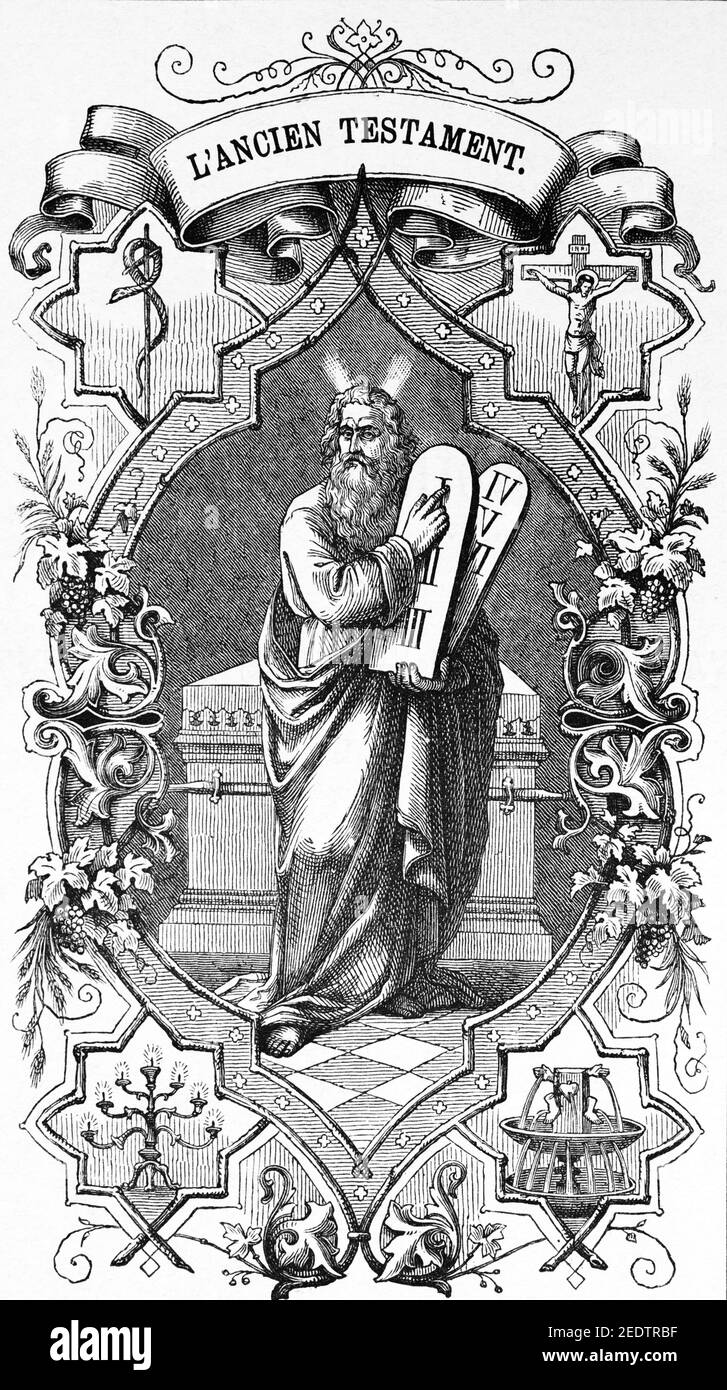 Frontispiece to the Old Testament with God holding the plates with the ten commandments,  Histoire Biblique de L´Ancien Testament, Stock Photo