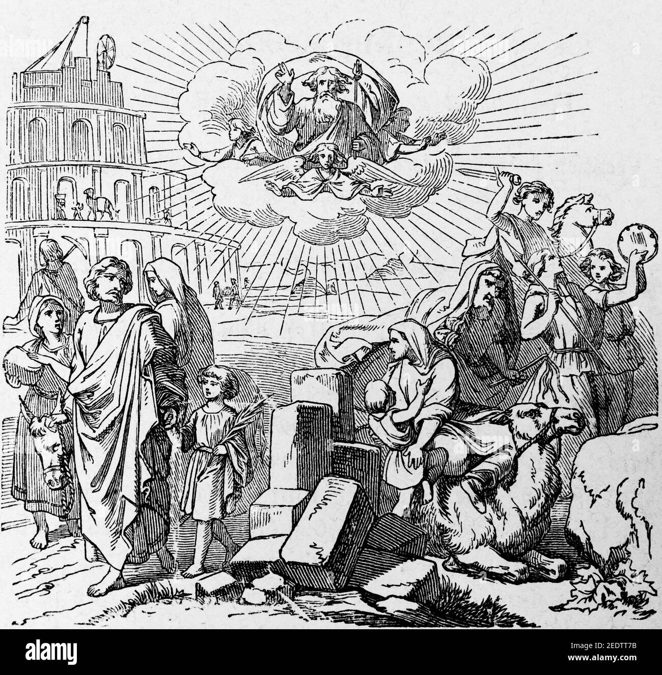 Construction of the Tower of Babel and the spreading of idolatry across the world, Historic bible Histoire Biblique de L´Ancien Testament,1891 Stock Photo