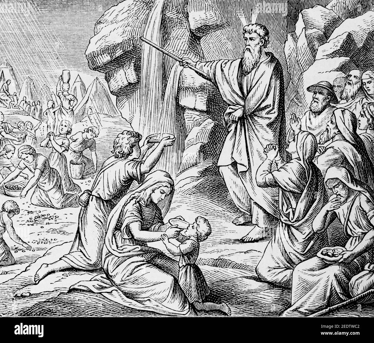 Wonders that God works in the desert, Moses stabbing the rock for water, Old Testament, Histoire Biblique de L´Ancien Testament, Fribourg, 1891 Stock Photo