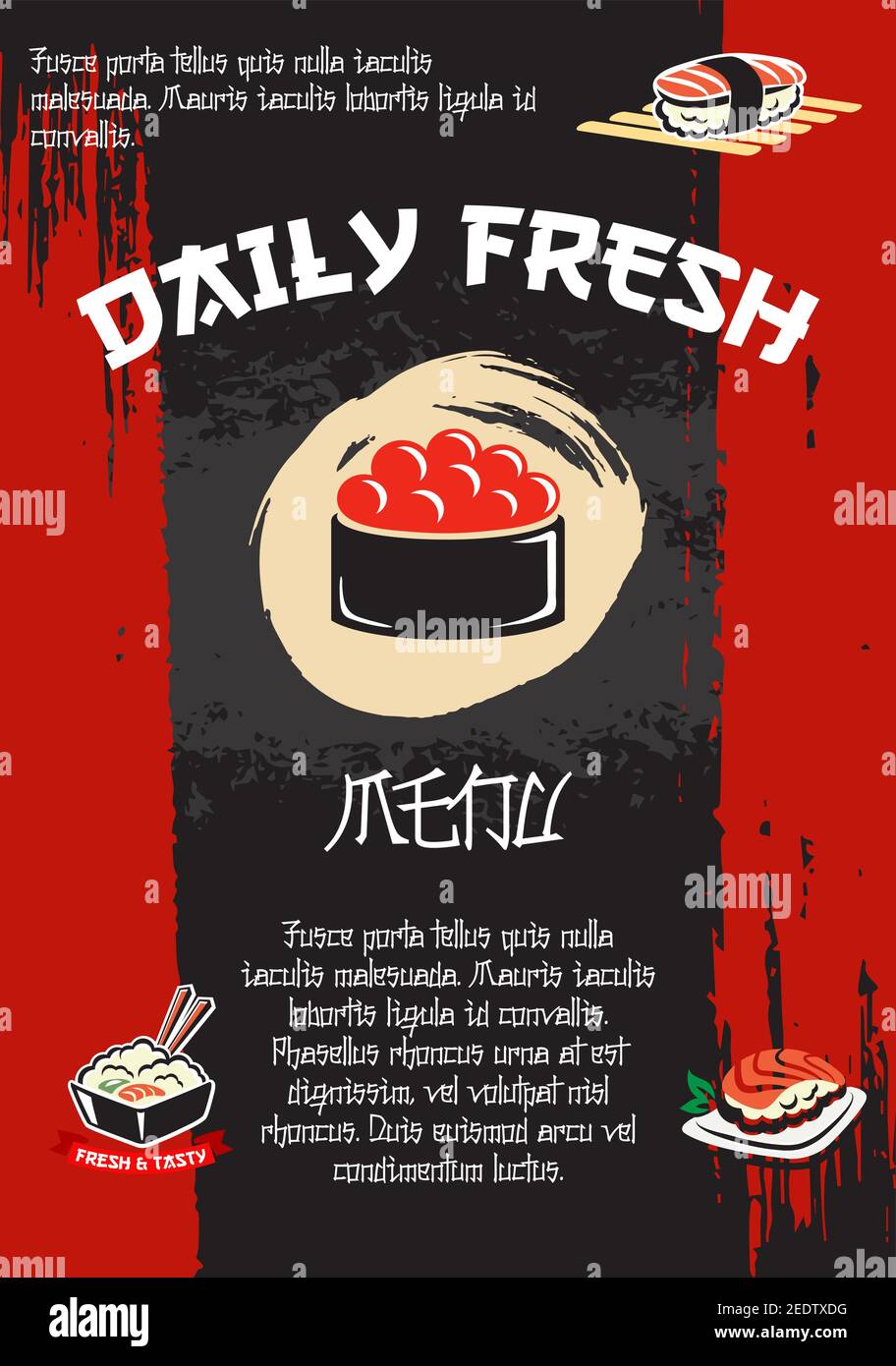 Sushi bar menu cover template for Japanese seafood restaurant. Vector