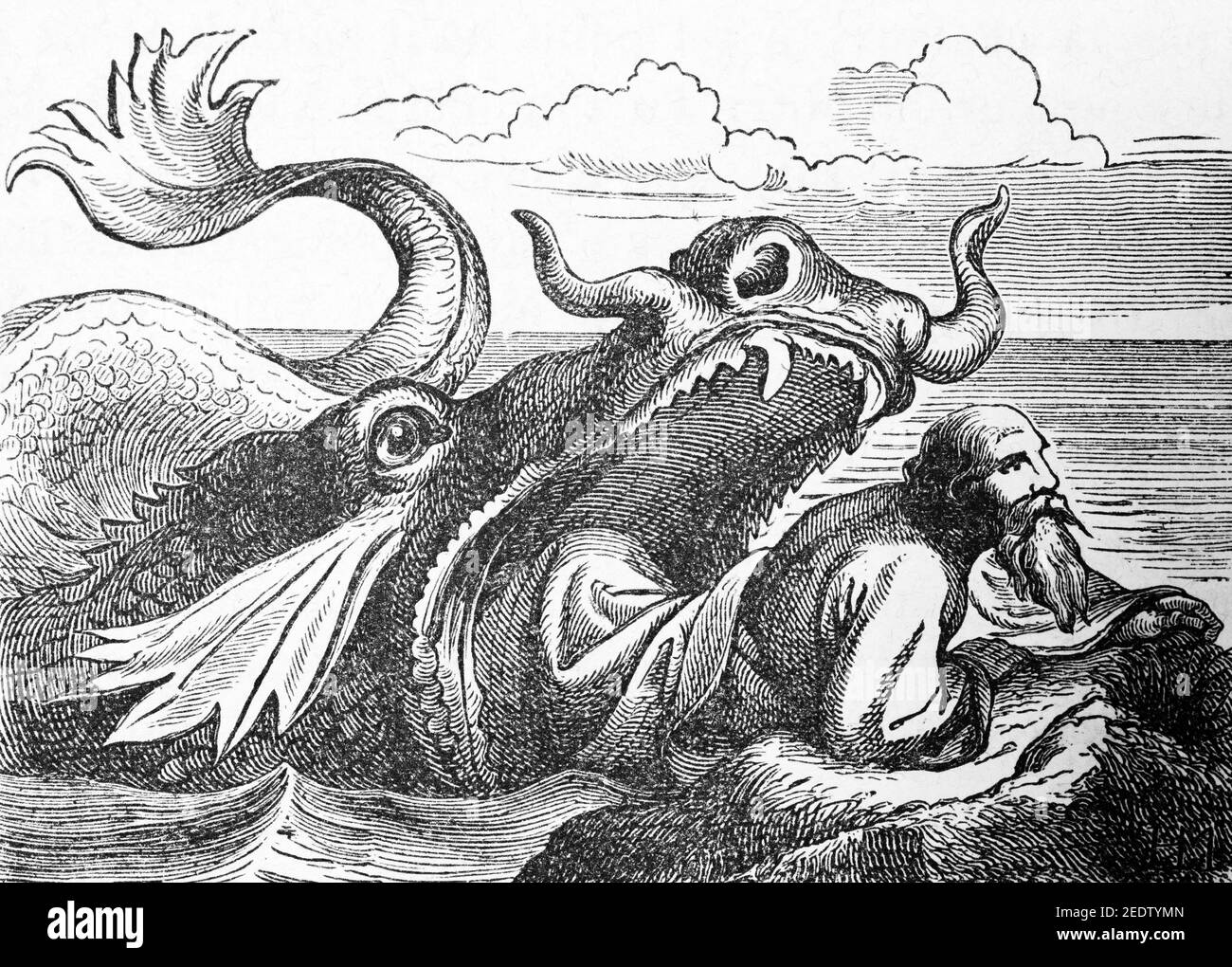 The prophet Jonah preaches penance in Nineveh, Jonas travelled in the stomach of a fish, Old Testamnet, Histoire Biblique de L´Ancien Testament,  1891 Stock Photo