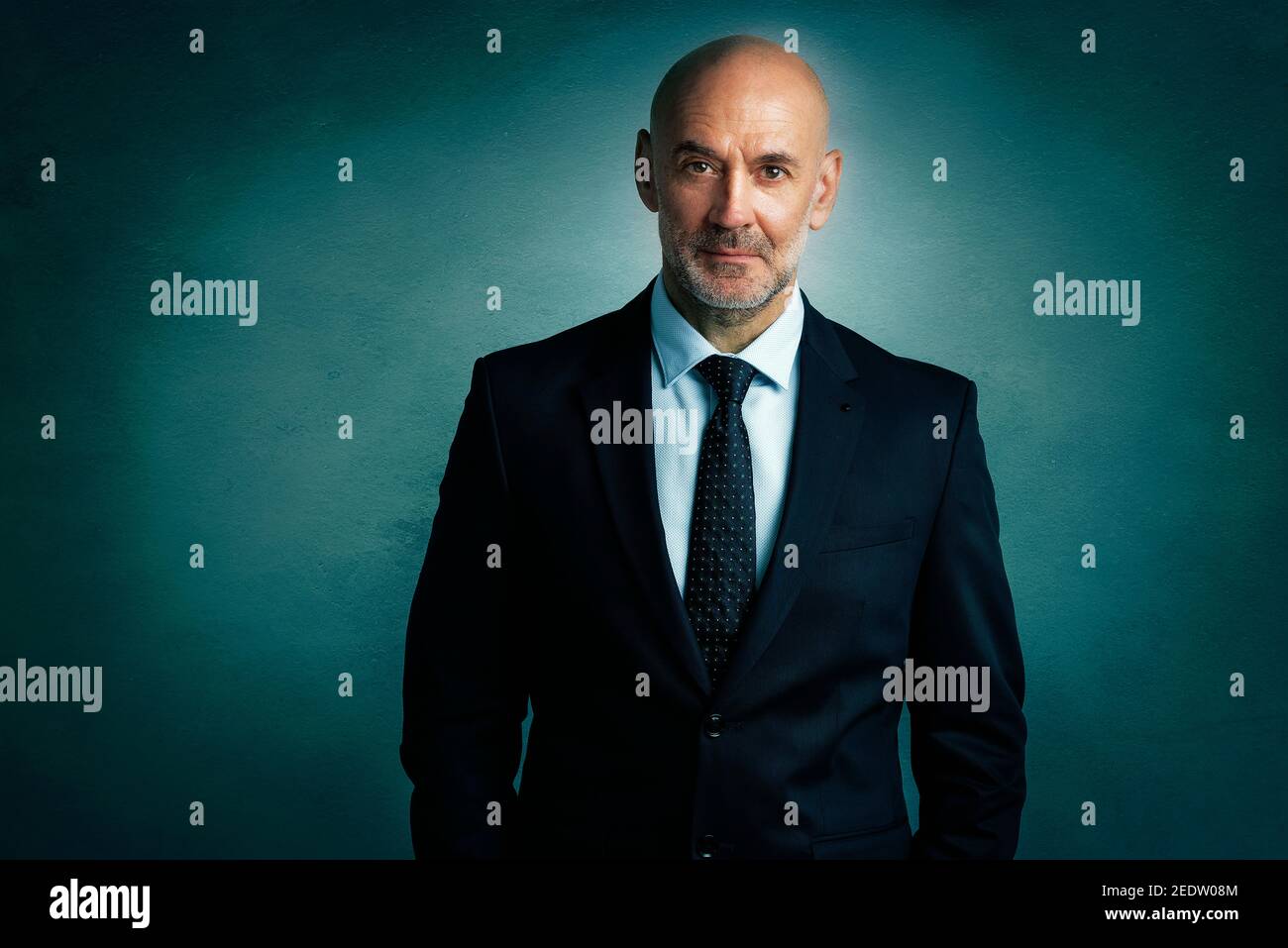 Studio portrait of senior businessman wearing suit and tie while ...