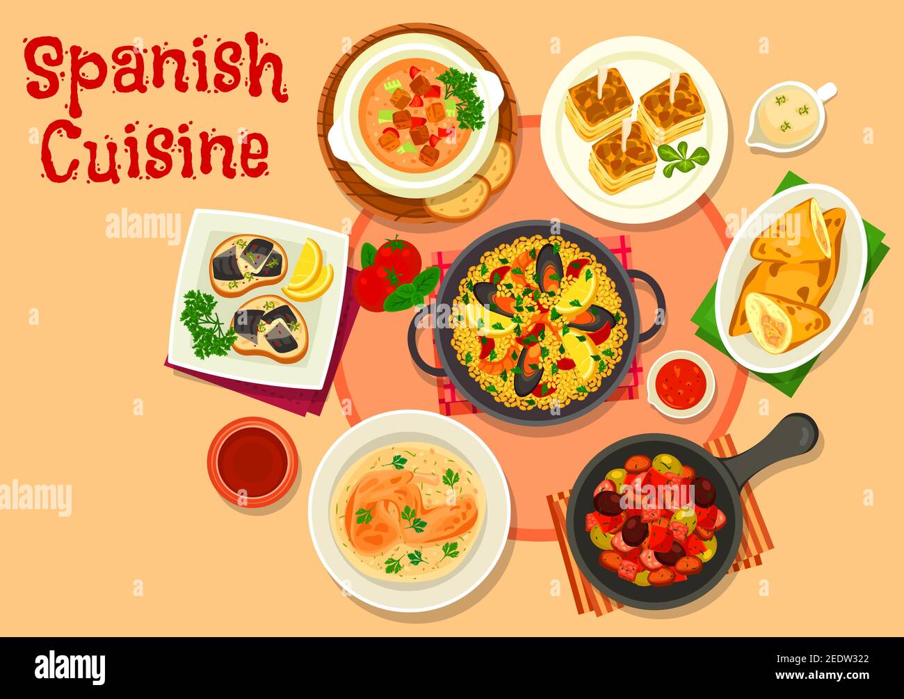 Spanish cuisine healthy dinner dishes icon with seafood paella, fish tapas escabeche, olive stew with sausage, tomato vegetable soup gazpacho, potato Stock Vector