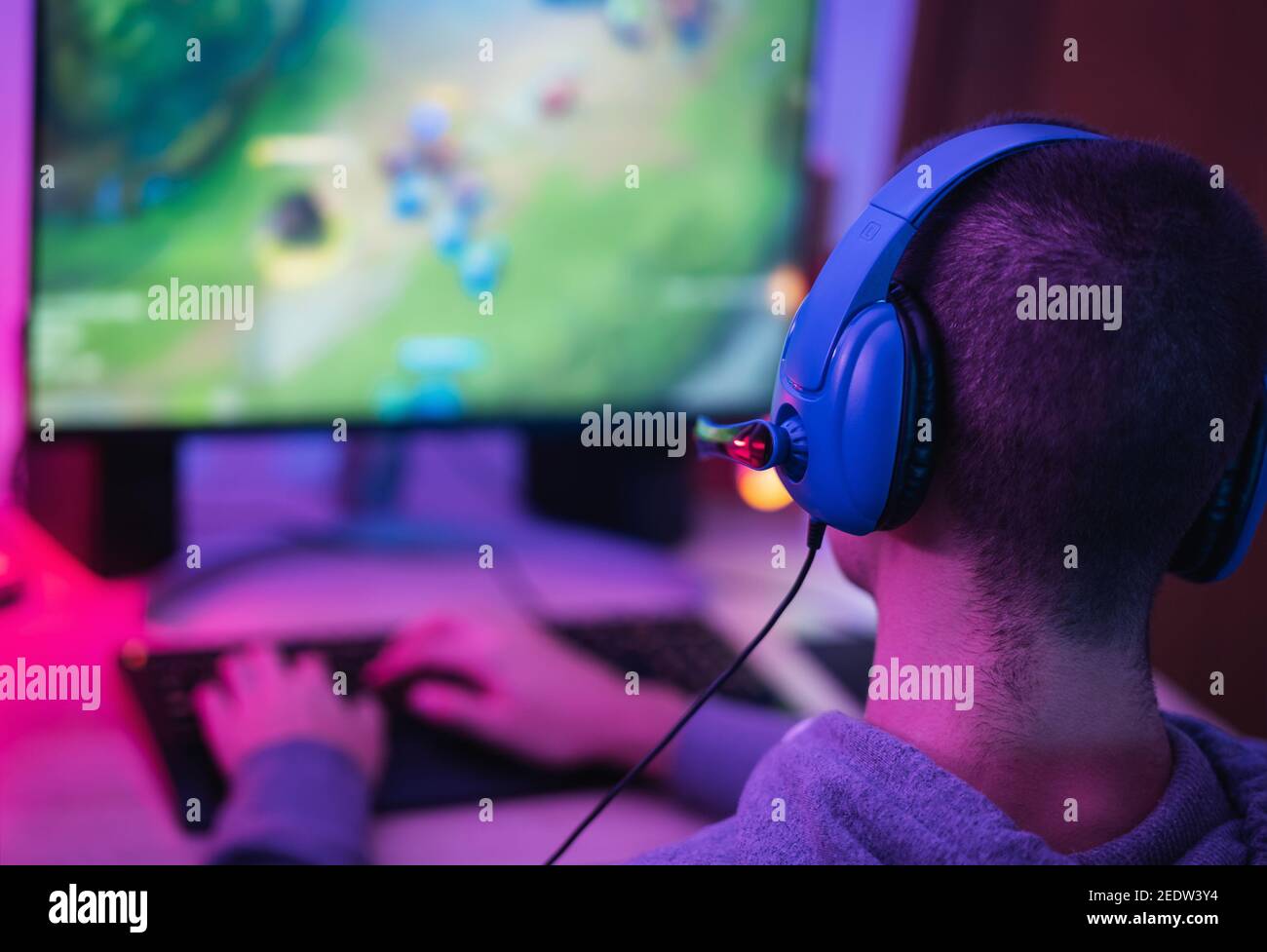 Gamer Playing Online Game on PC in Dark Room Stock Photo - Image of online,  colorful: 213130418