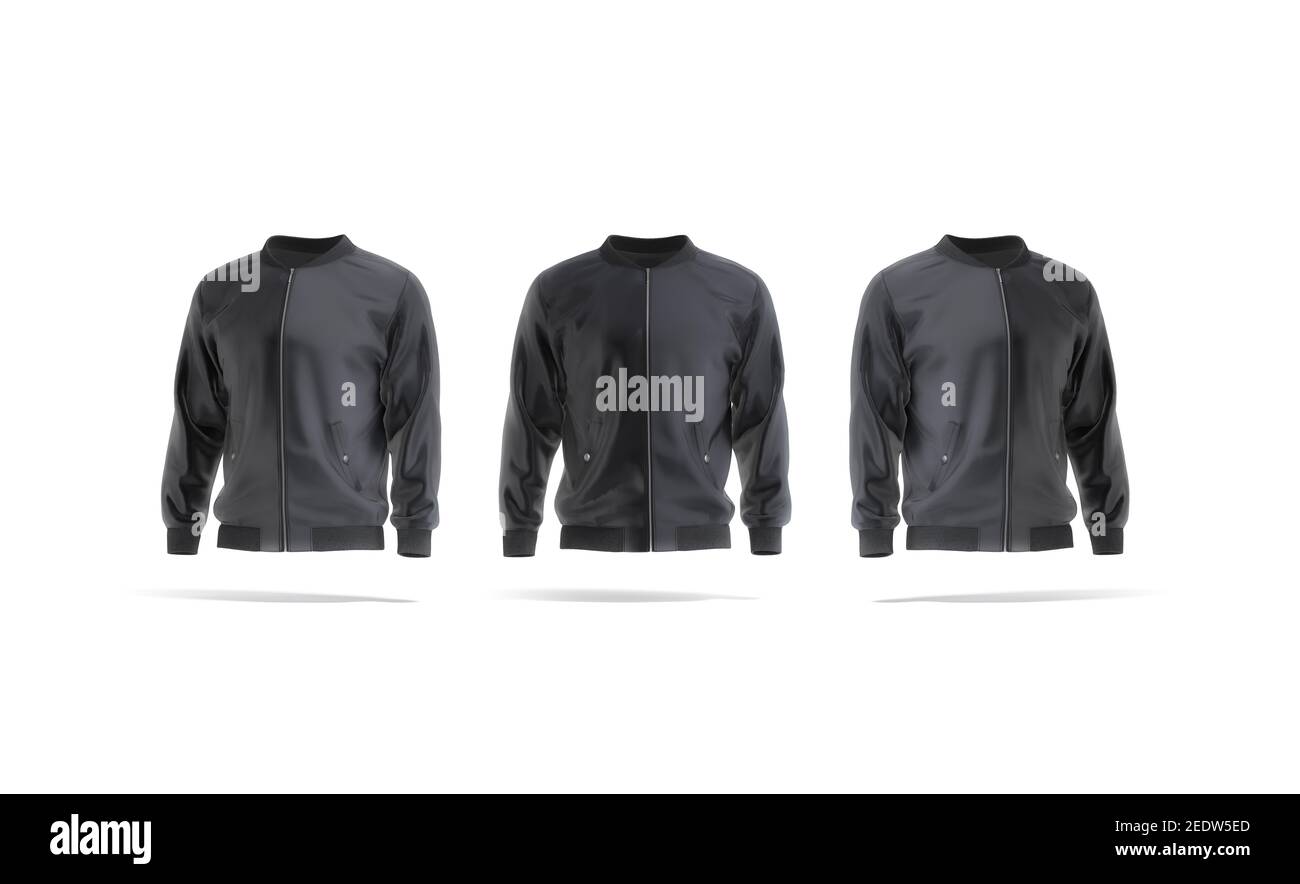 Blank black bomber jacket mockup, front and side view, 3d rendering. Empty windproof sweatshirt with zipper mock up, isolated. Clear fabric wind break Stock Photo