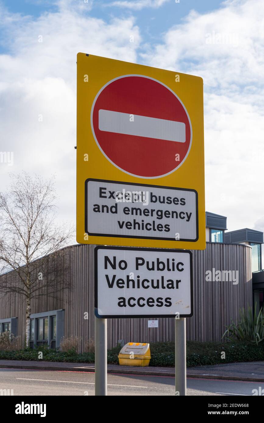 Road sign saying no public vehicular access except buses and emergency vehicles at Queen Elizabeth Hospital in Edgbaston, Birmingham, UK Stock Photo