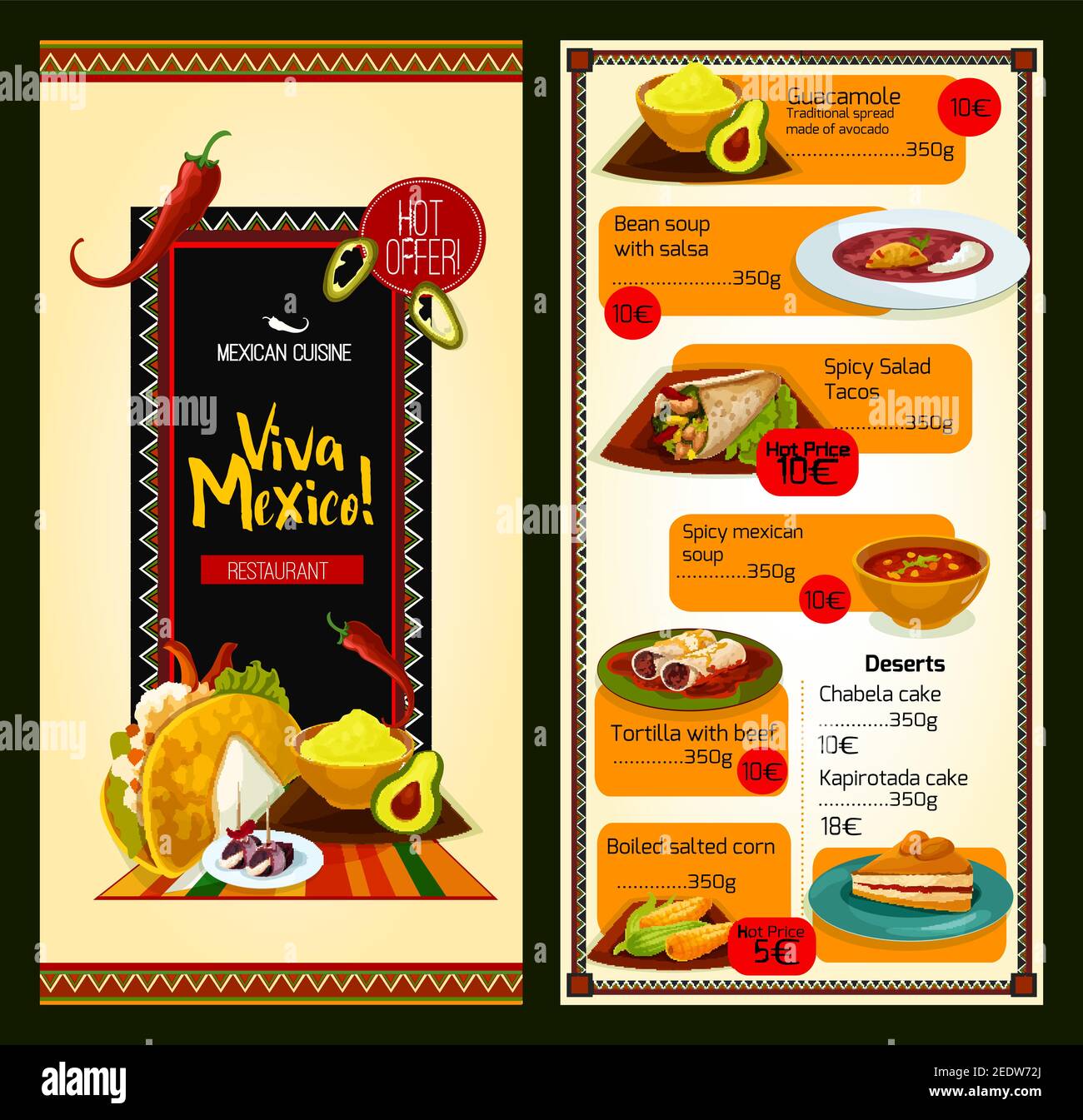 Mexican cuisine restaurant menu template. Special offer price list with  tacos, burrito and tortilla roll, avocado guacamole, bean tomato soup with  sal Stock Vector Image & Art - Alamy