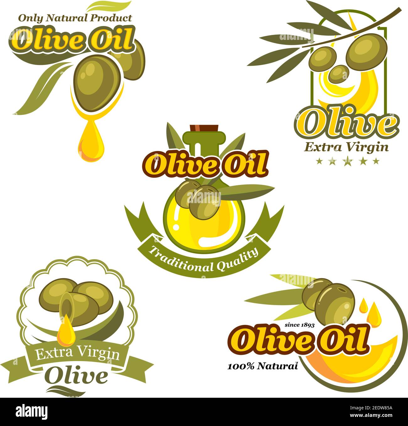 Olive oil vector icons set for bottle and product label templates ...