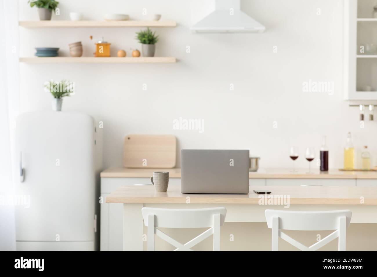 Simple interior, home office in kitchen during covid19 quarantine