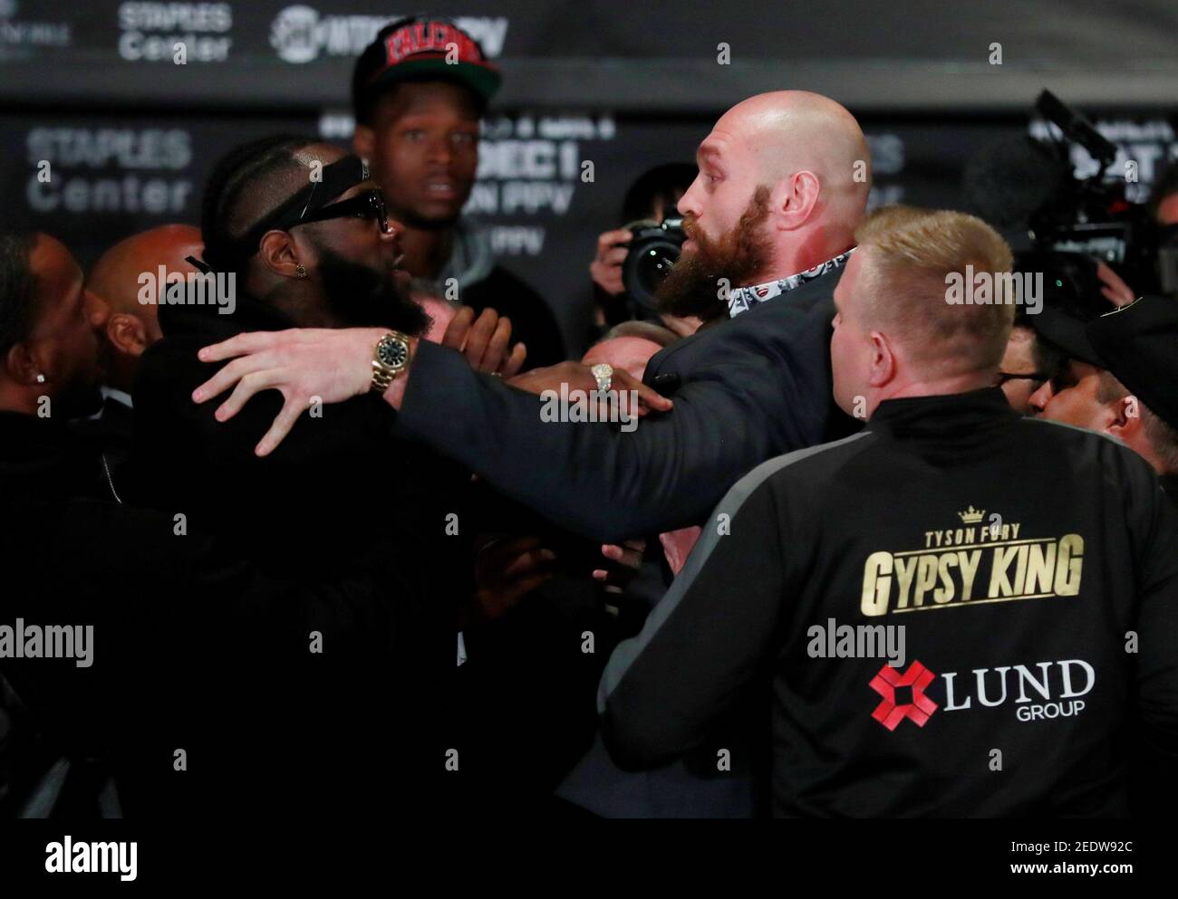 Boxing - Deontay Wilder & Tyson Fury Press Conference - The Westin  Bonaventure Hotel & Suites, Los Angeles, United States - November 28, 2018  Tyson Fury squares up to Deontay Wilder during