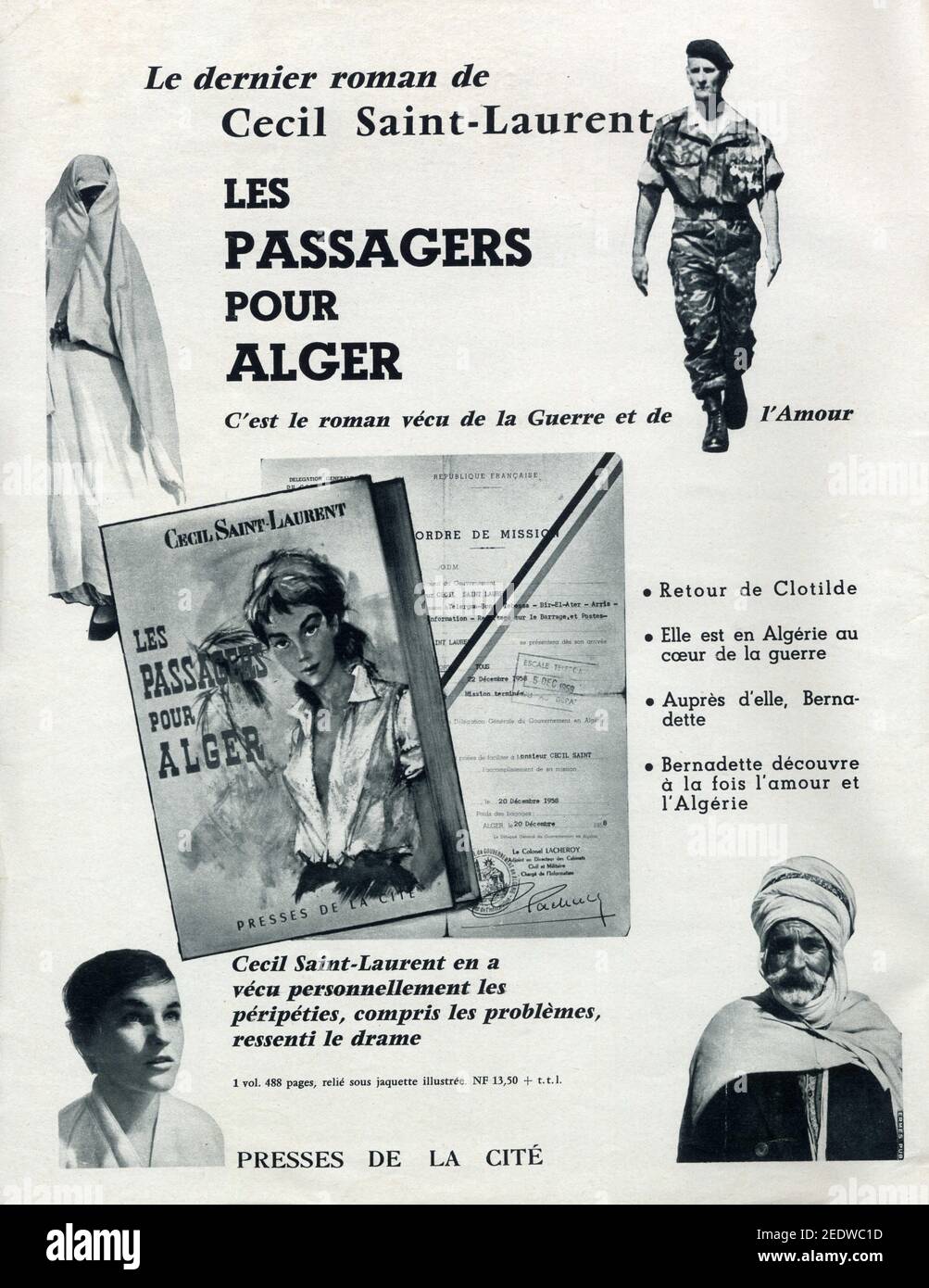 Publicité ancienne. Le dernier roman de Cecil Saint-Laurent , Les passagers pour Alger. 1960 Stock Photo