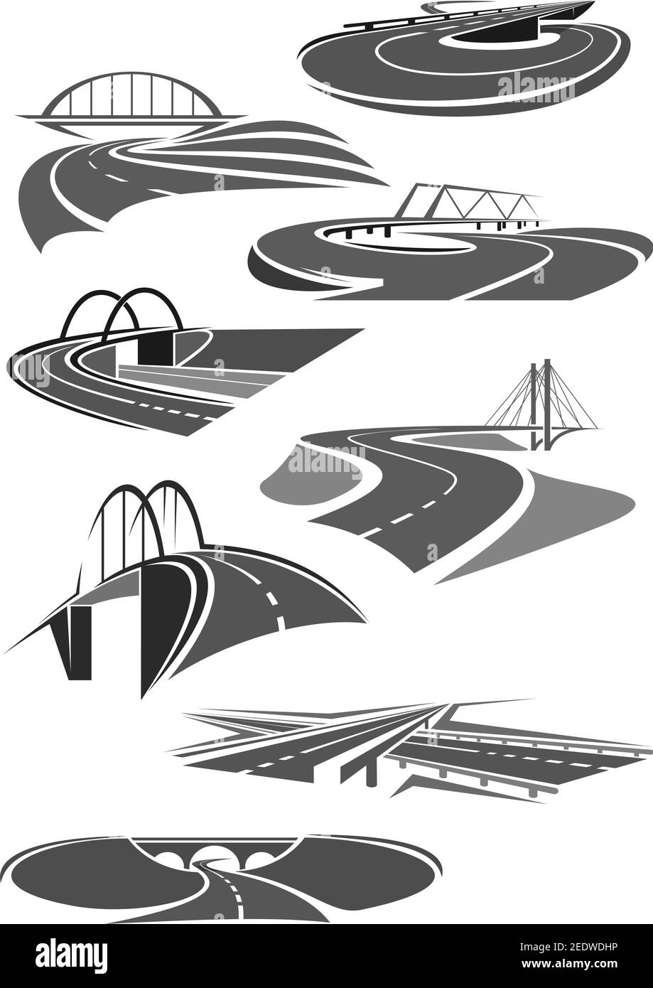 Road and highways icons set for motorway service or transport bridge building and tunnel construction company. Vector templates for car travel or tour Stock Vector