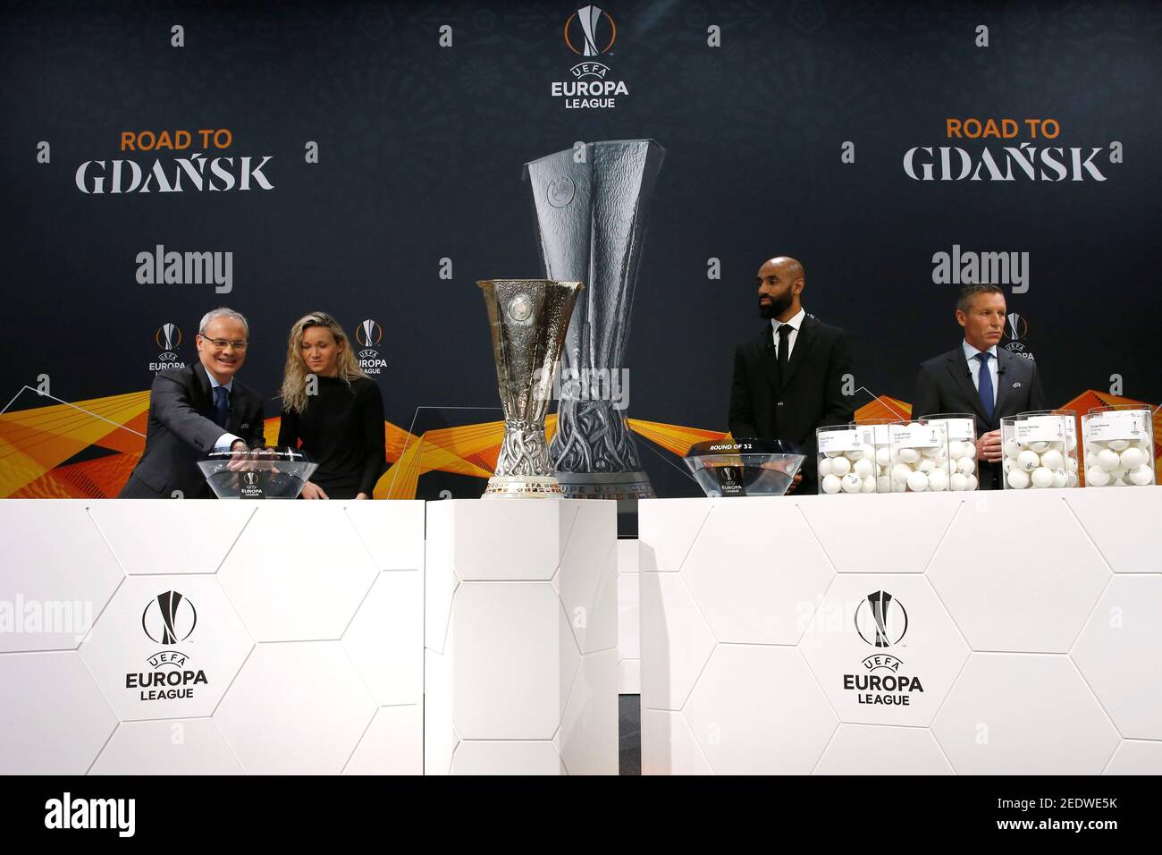Soccer Football - Europa League - Round of 32 draw - Nyon, Switzerland -  December 16, 2019 UEFA General Secretary and Director of Football Giorgio  Marchetti, Josephine Henning, Frederic Kanoute and UEFA