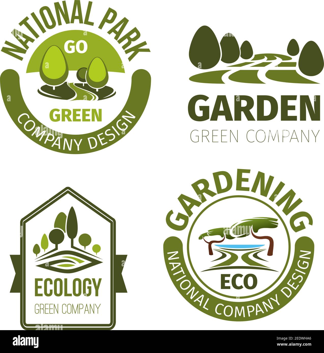 Eco park or green garden vector icons set. Landscape design and urban gardening award symbols of trees woodland for eco building company or city horti Stock Vector