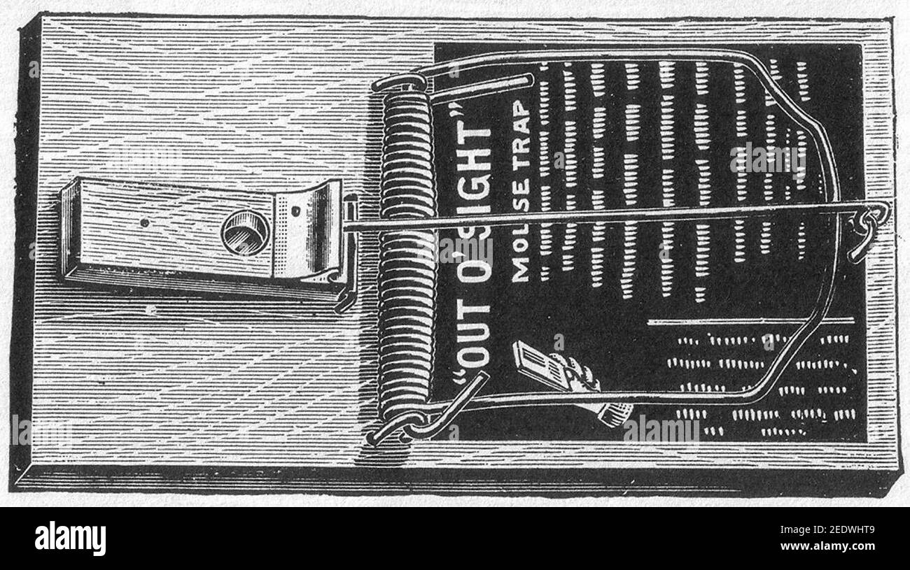 19th-century ad for a spring-loaded bar mousetrap of William Hooker's design Stock Photo