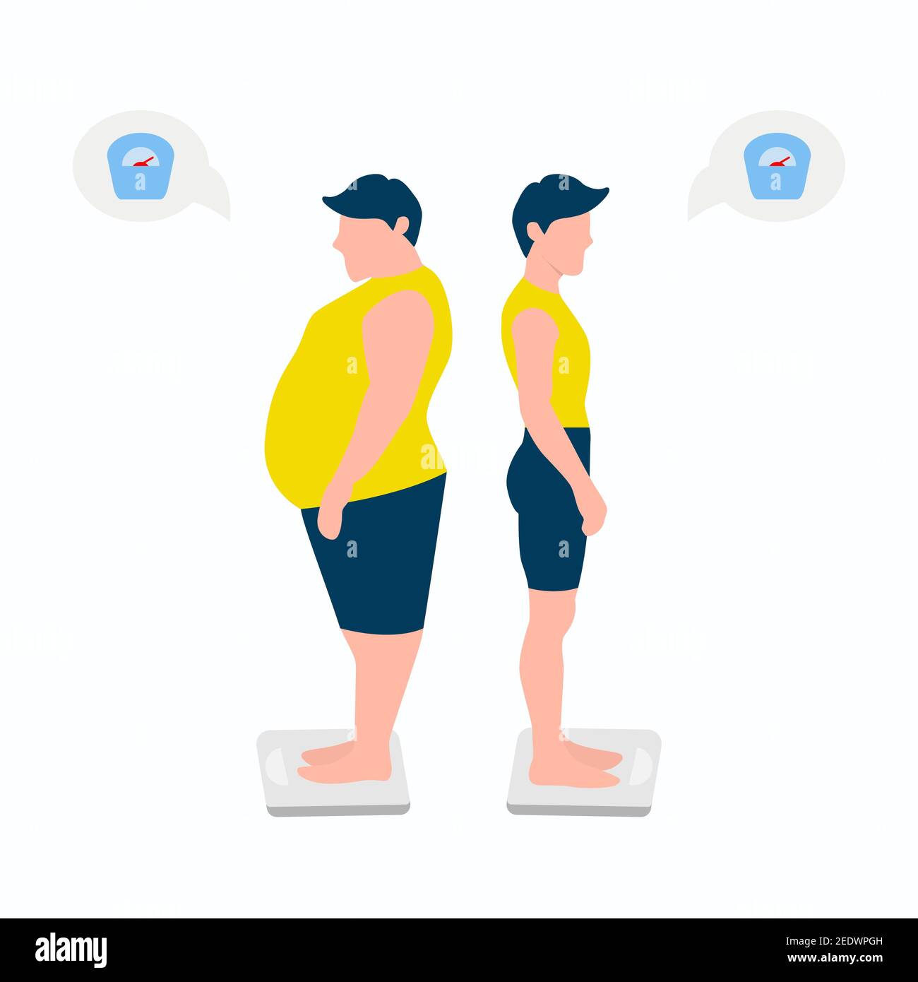 Vector Illustration of a man showing the weight before and after. A fat and slim female figure. Eps 10 Stock Vector