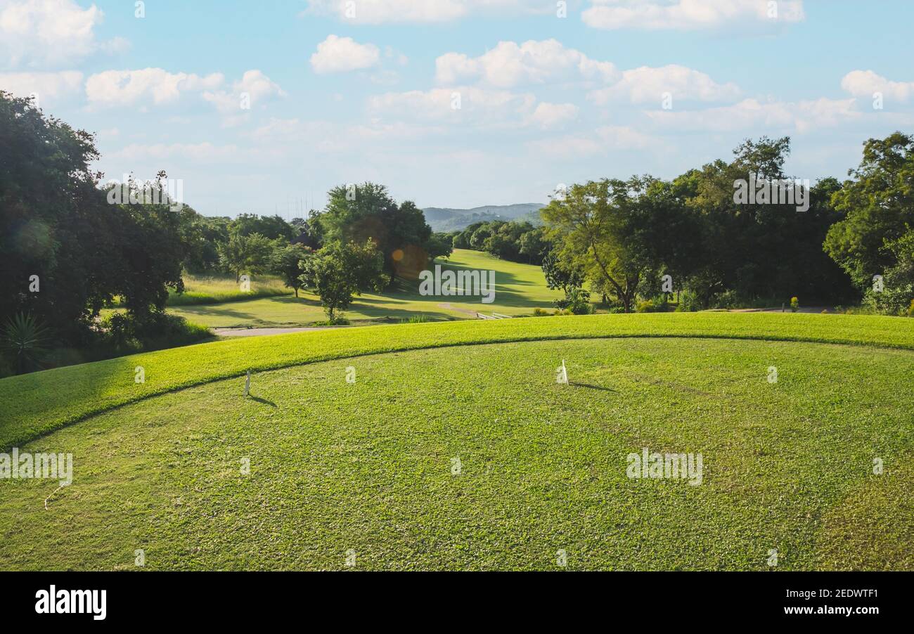 Hazyview, South Africa - 14th January, 2021: View from teeing-off green of golf course. Stock Photo