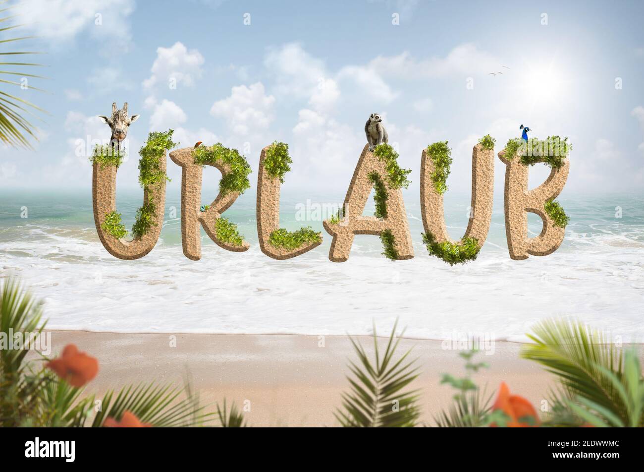 'Urlaub' lettering ( German for vacation ) on a tropical beach background Stock Photo