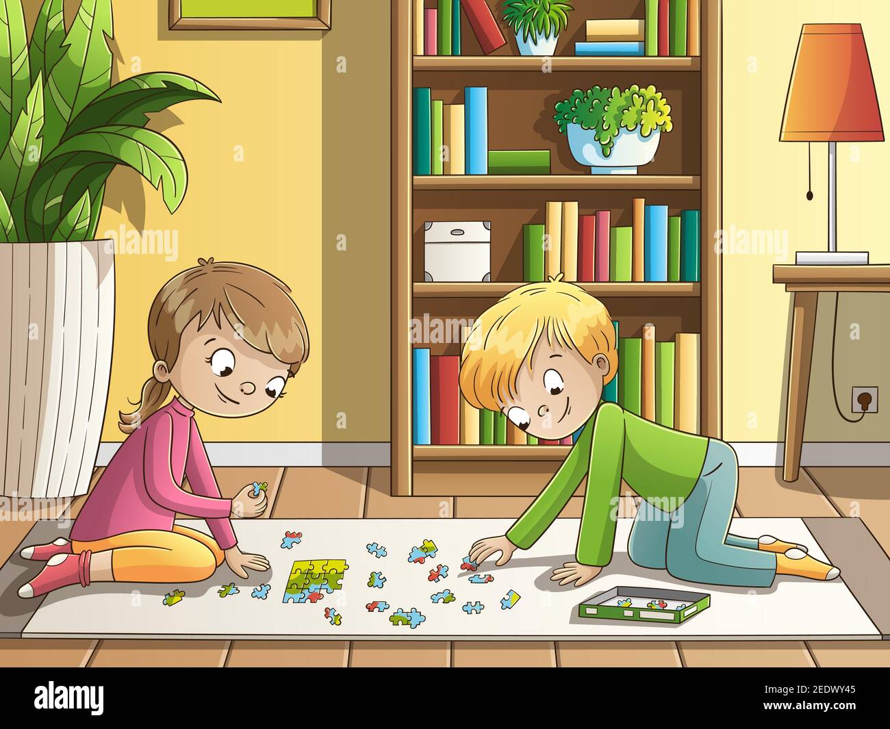 Two children doing puzzle. Hand drawn vector illustration with separate layers. Stock Vector