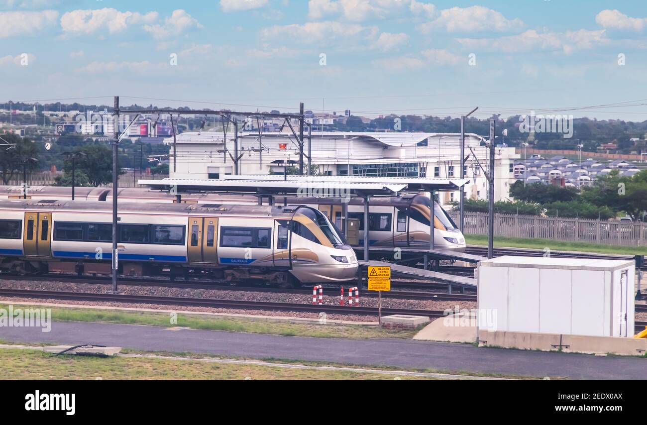 Johannesburg, South Africa - 4th February, 2021: View of train yard and service centre. Trains waiting to be serviced. Stock Photo