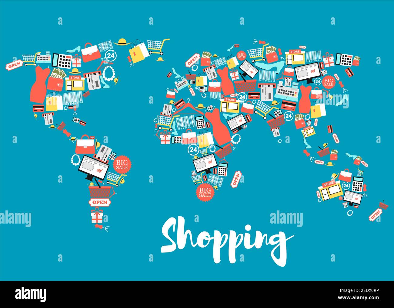 Shopping and sale icons creating world map. Shopping basket and bag, gift  box, store, discount and price tag, money, credit card, cloth, shoes, calcul  Stock Vector Image & Art - Alamy