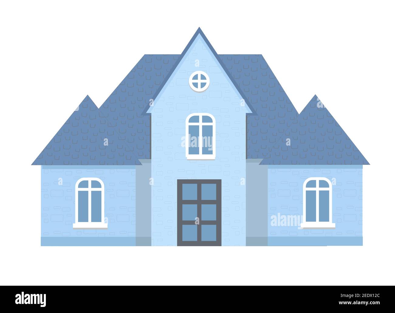 Blue light Cottage Facade, City or Country Street Building with white windows. Modern Residential Private property, duplex apartments. Stock Vector