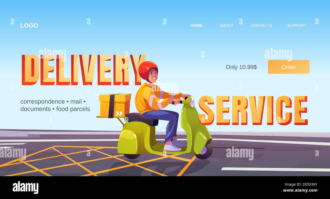 Delivery service cartoon landing page, man on scooter deliver box. Correspondence, mail, documents, food, parcels express shipping, order transportation to customers, company ad, Vector web banner Stock Vector