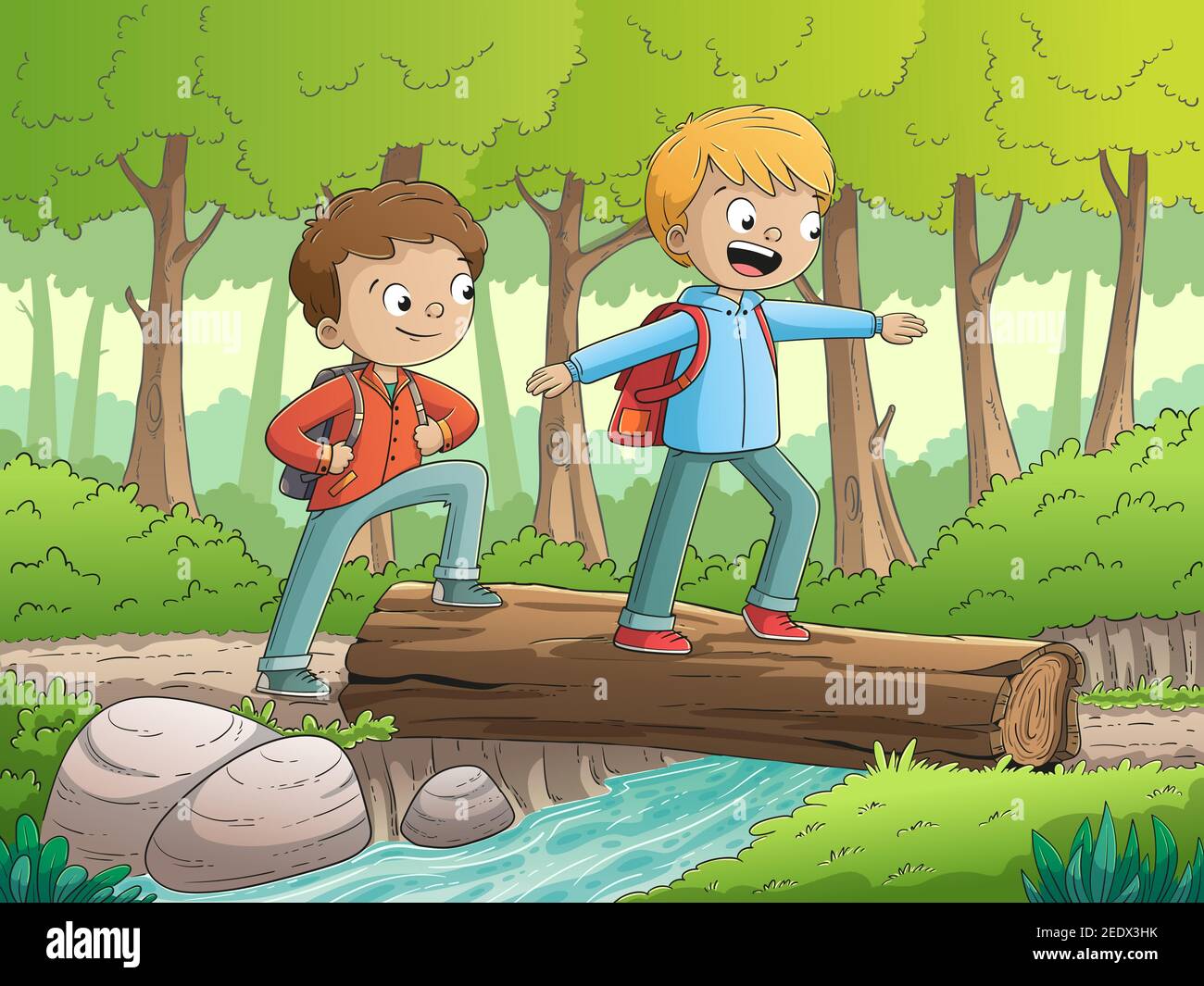 Two boys walking through the forest. Hand drawn vector illustration with separate layers. Stock Vector