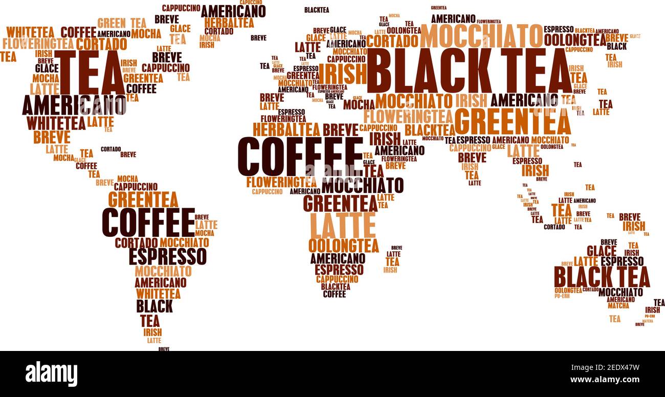 Coffee and tea or hot drinks cloud tags words in world map. Word