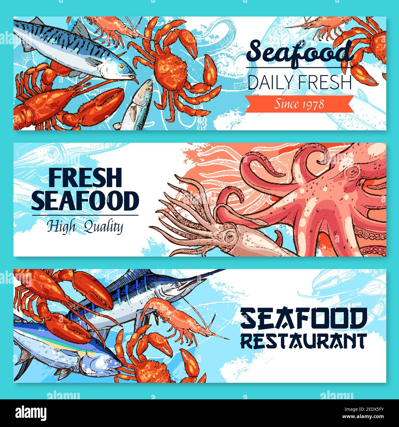 Seafood and fish restaurant banners. Vector fresh fishing catch of