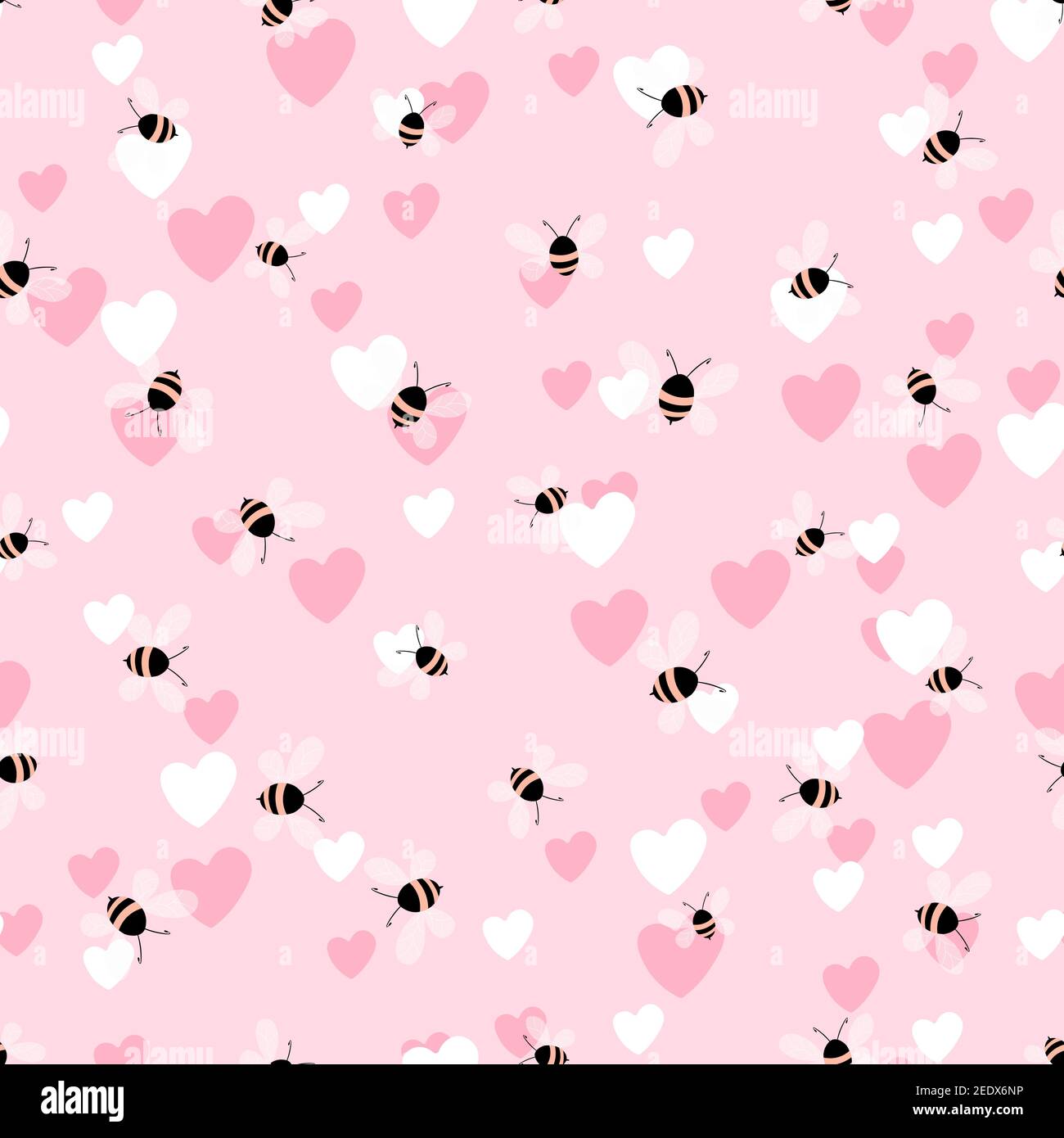 Seamless pattern with bees and hearts on color background. Small wasp ...