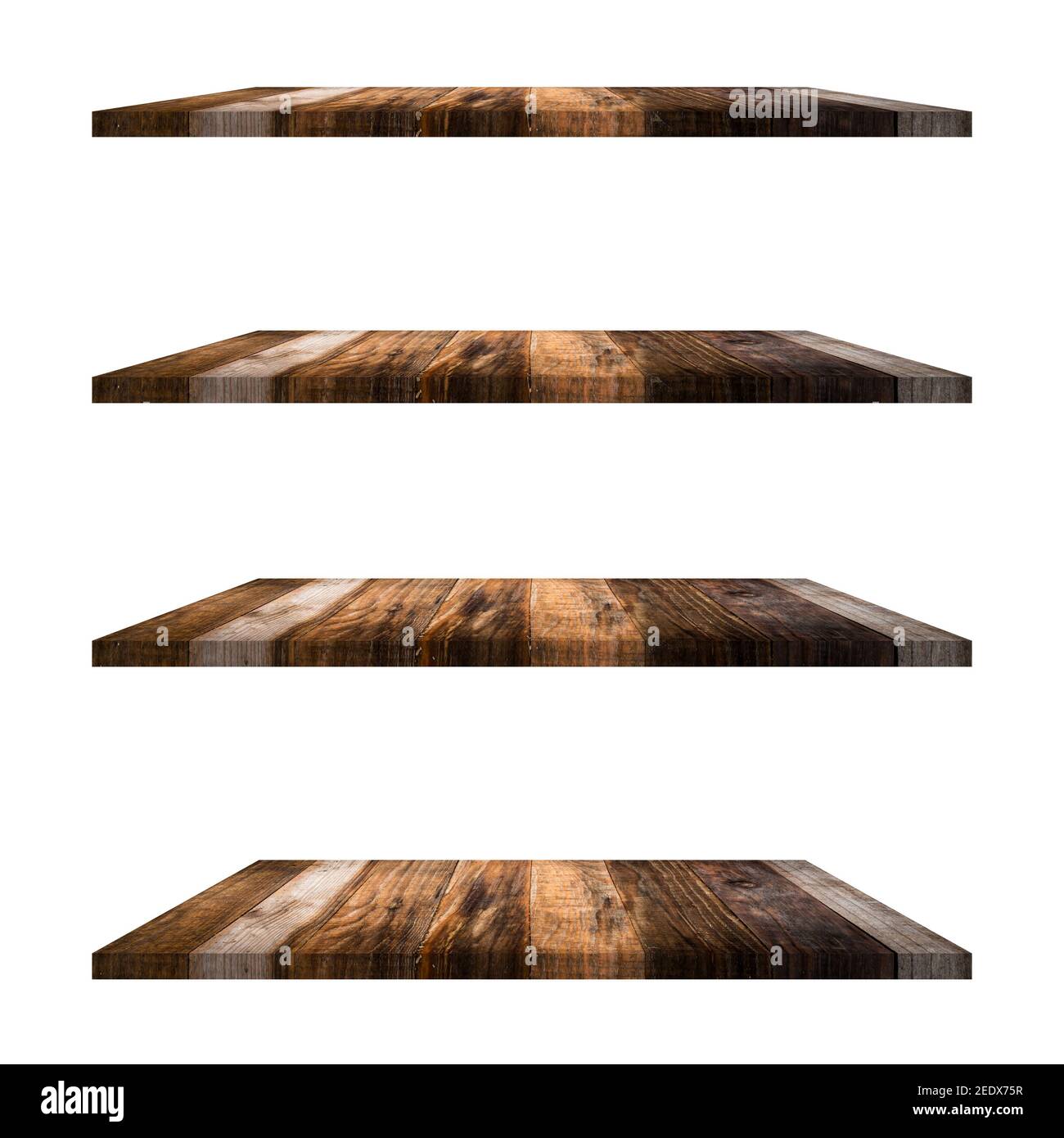 4 Wood shelves table isolated on white background and display montage ...