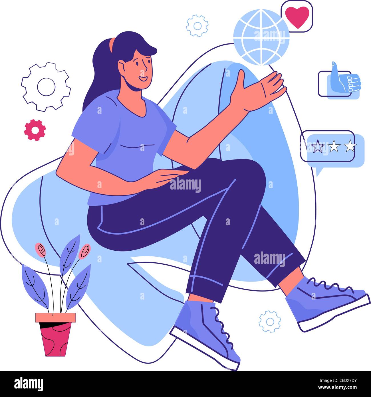 Woman announcing event sitting next to megaphone, cartoon vector ...