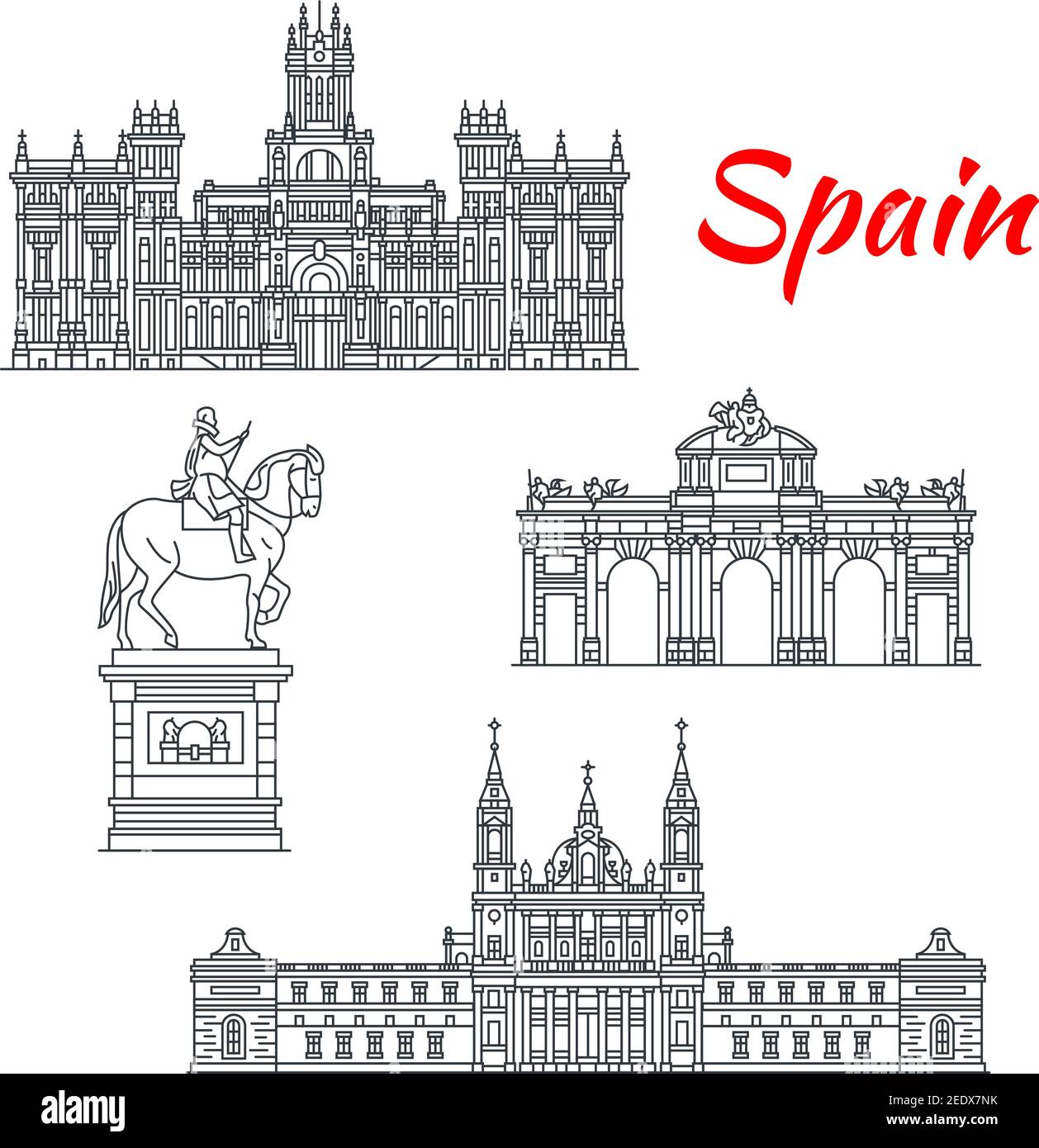 Spain architecture and Spanish famous landmark buildings. Vector isolated icons and facades of Cybele Palace, Almudena Cathedral, Alcala Gate and Phil Stock Vector