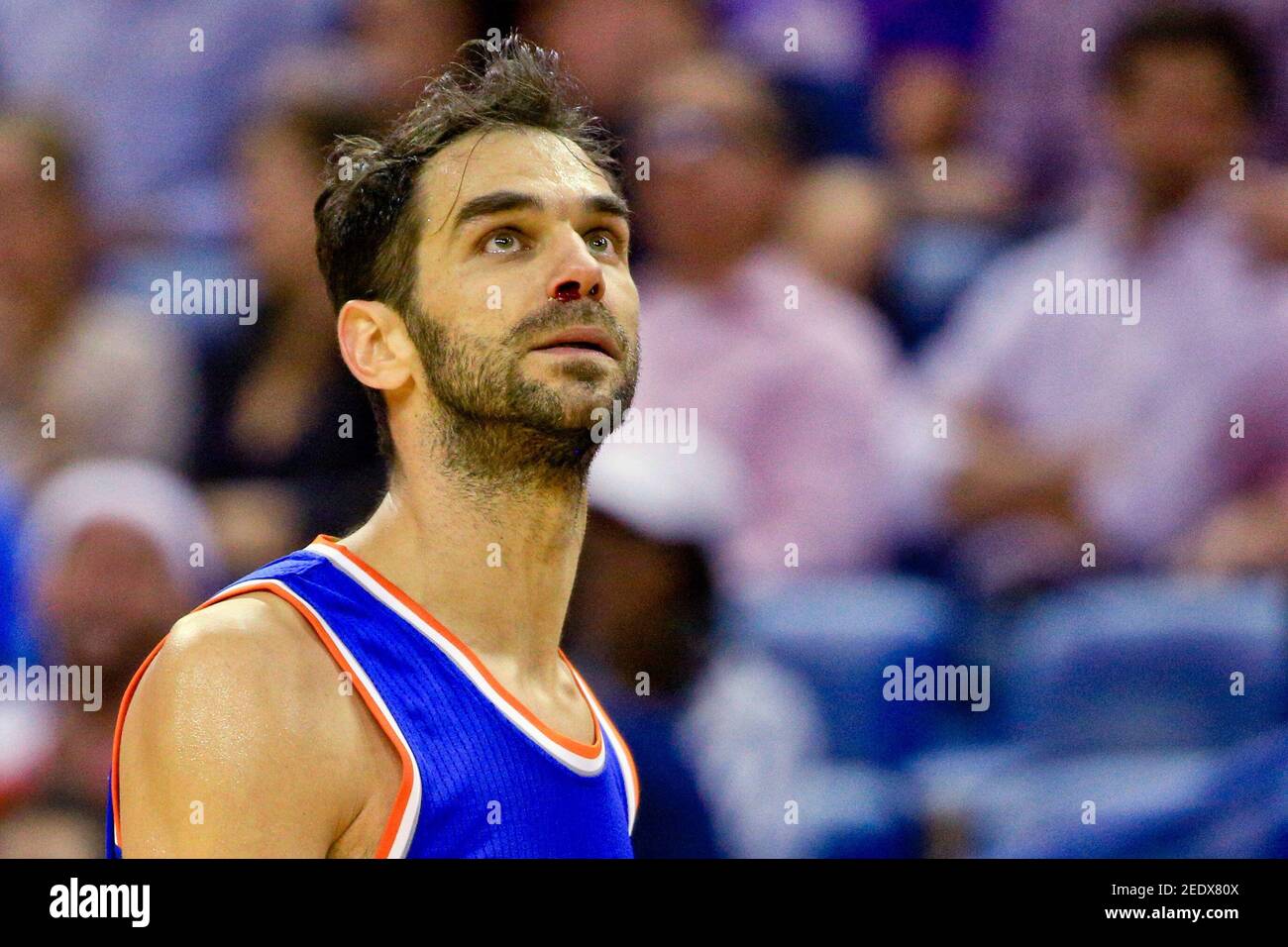 Mar 28, 2016; New Orleans, LA, USA; New York Knicks guard Jose Calderon (3) leaves the court with a bloody nose during the second half of a game against the New Orleans Pelicans at the Smoothie King Center. The Pelicans defeated the Knicks 99-91. Mandatory Credit: Derick E. Hingle-USA TODAY Sports  / Reuters  Picture Supplied by Action Images   (TAGS: Sport Basketball NBA) *** Local Caption *** 2016-03-29T030136Z 256353158 NOCID RTRMADP 3 NBA-NEW-YORK-KNICKS-AT-NEW-ORLEANS-PELICANS.JPG Stock Photo