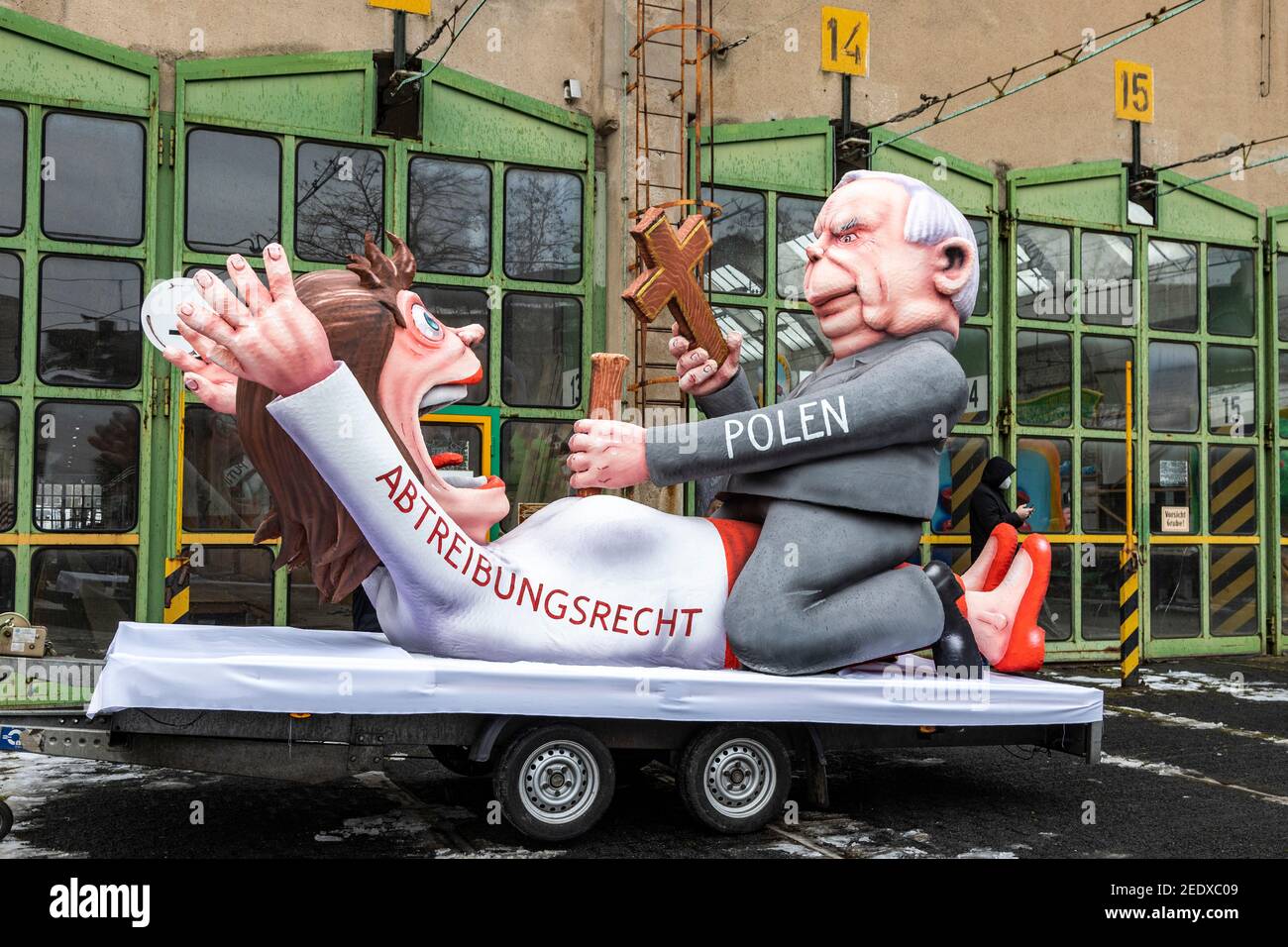 Dusseldorf, Germany. 15 February 2021. Float criticising the strict abortion law in Poland. Carnival floats created by German artist Jacques Tilly were presented and later exhibited throughout Dusseldorf as the main carnival parade was cancelled due to the coronavirus pandemic. Credit: Bettina Strenske/Alamy Live News Stock Photo