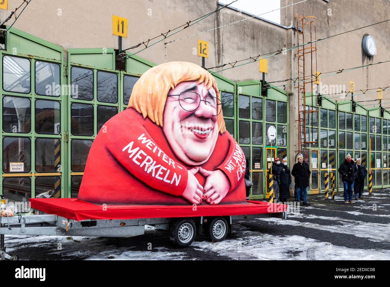 Dusseldorf, Germany. 15 February 2021. Effigy of German politician Armin Laschet who might replace Angela Merkel in the next general election. Carnival floats created by German artist Jacques Tilly were presented and later exhibited throughout Dusseldorf as the main carnival parade was cancelled due to the coronavirus pandemic. Credit: Bettina Strenske/Alamy Live News Stock Photo