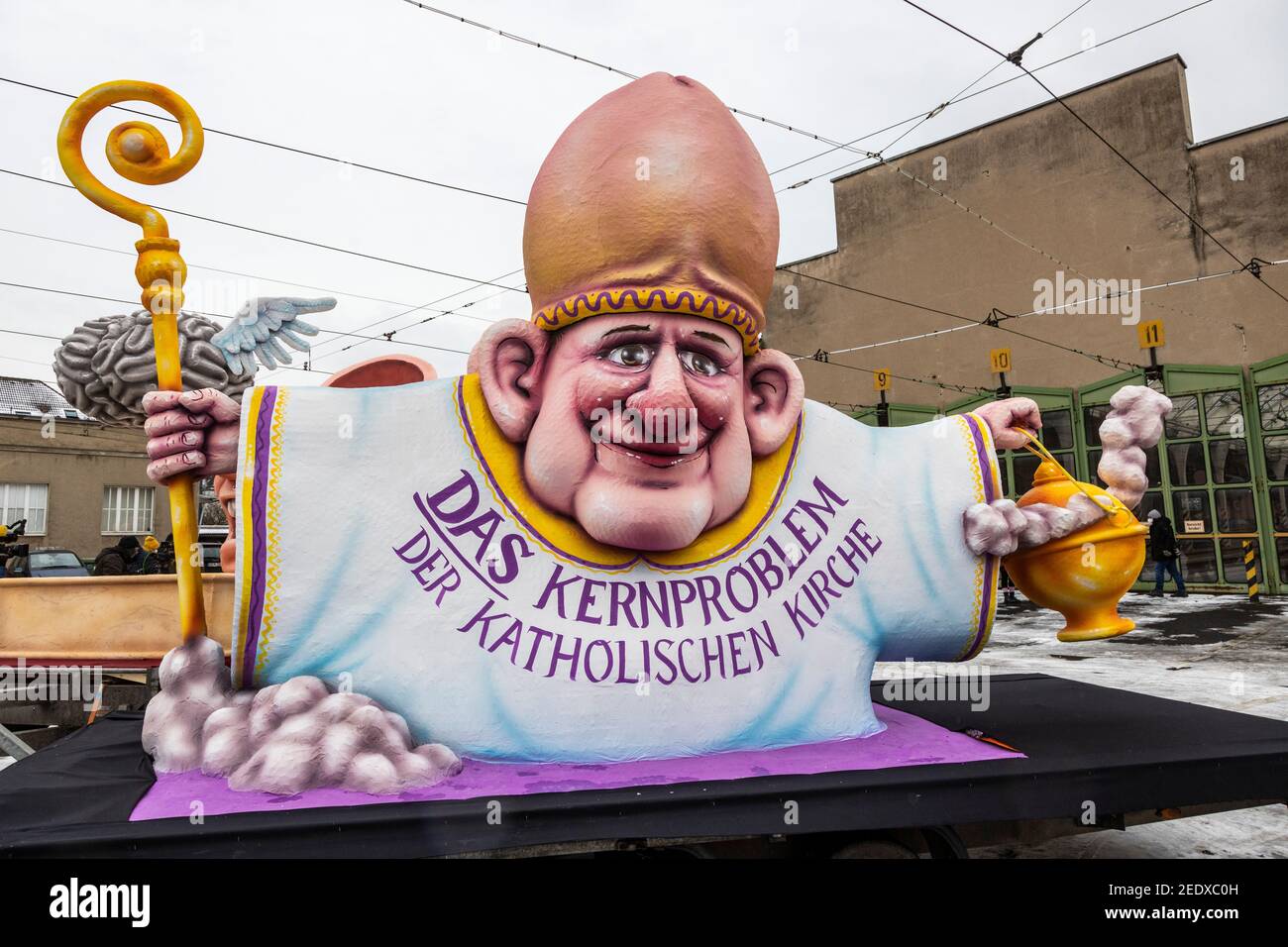Dusseldorf, Germany. 15 February 2021. The Catholic Church. Carnival floats created by German artist Jacques Tilly were presented and later exhibited throughout Dusseldorf as the main carnival parade was cancelled due to the coronavirus pandemic. Credit: Bettina Strenske/Alamy Live News Stock Photo