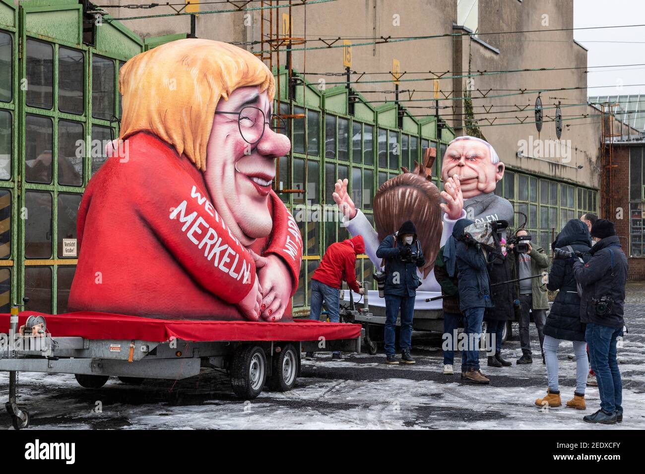 Dusseldorf, Germany. 15 February 2021. Effigy of German politician Armin Laschet who might replace Angela Merkel in the next general election. Carnival floats created by German artist Jacques Tilly were presented and later exhibited throughout Dusseldorf as the main carnival parade was cancelled due to the coronavirus pandemic. Credit: Bettina Strenske/Alamy Live News Stock Photo