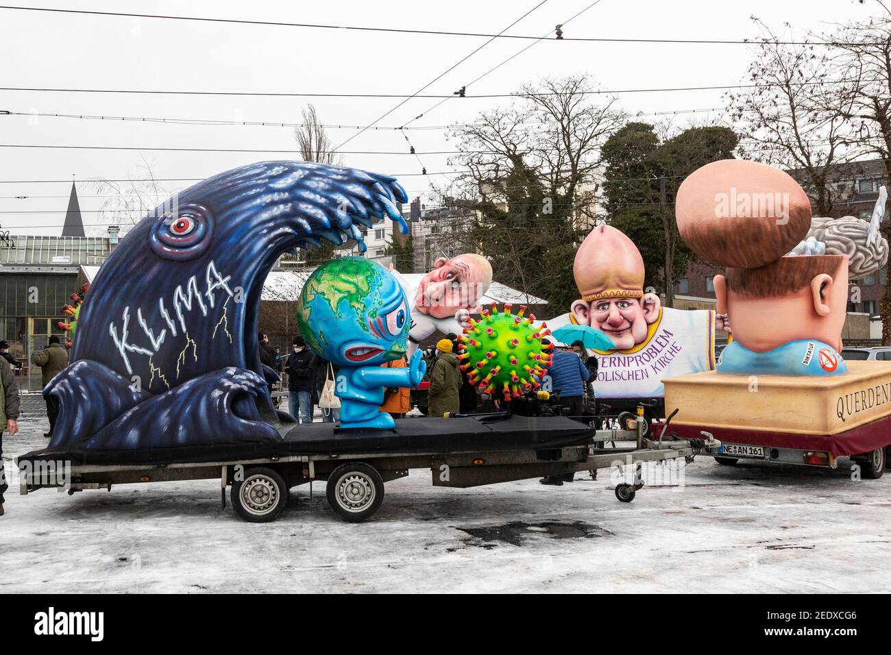 Dusseldorf, Germany. 15 February 2021. Carnival floats created by German artist Jacques Tilly were presented and later exhibited throughout Dusseldorf as the main carnival parade was cancelled due to the coronavirus pandemic. Credit: Bettina Strenske/Alamy Live News Stock Photo