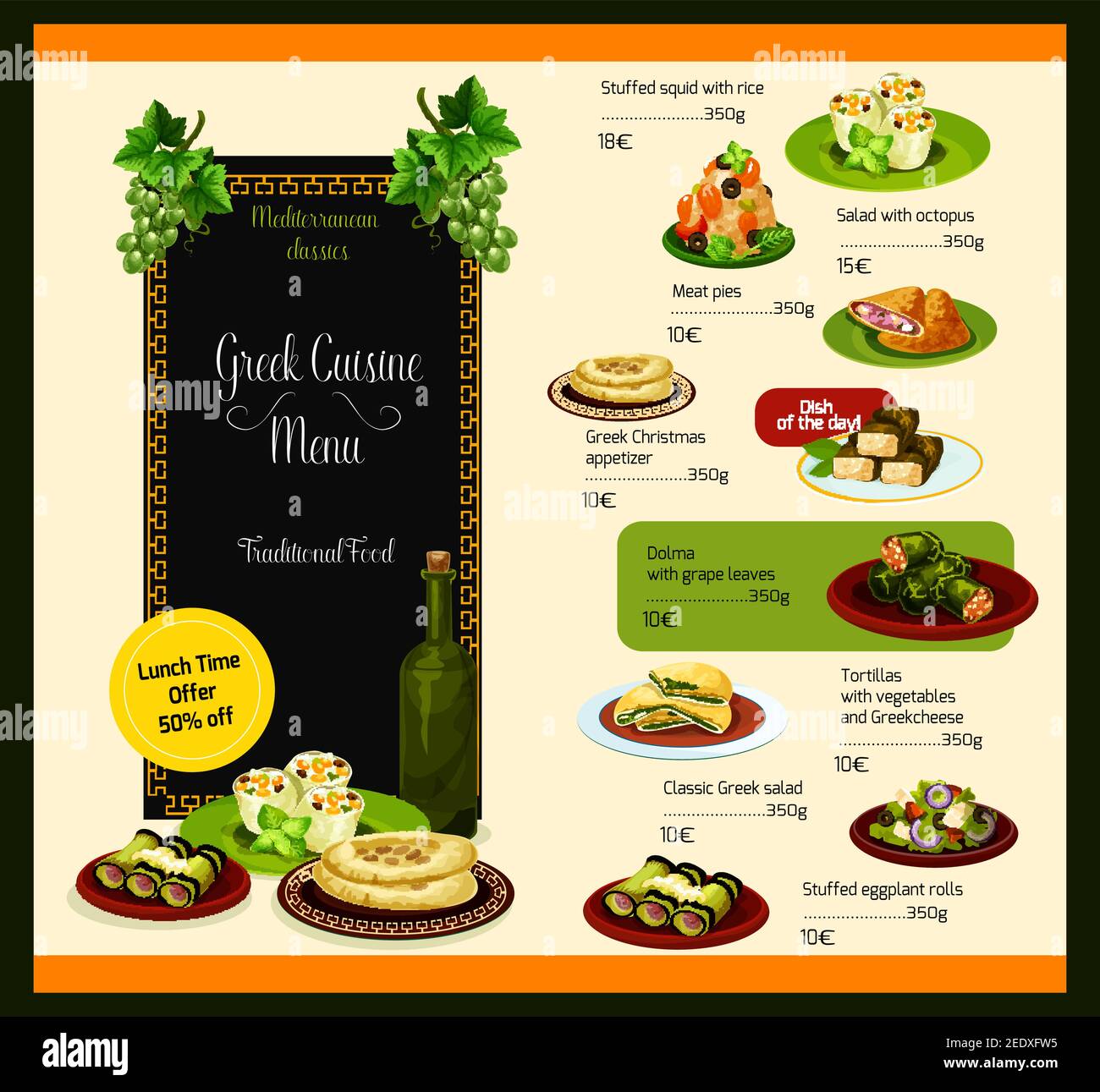 Greek cuisine vector template for restaurant lunch menu. Traditional meat dishes, vegetable salads and soups or appetizer snacks and desserts of Greec Stock Vector